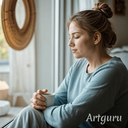 Una mamma si gode un momento di quiete e riflessione con una tazza in mano, guardando fuori dalla finestra