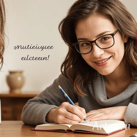 Una donna sorride mentre scrive su un quaderno, simboleggiando la crescita personale e i propri obbiettivi