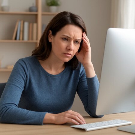 Una donna con espressione pensierosa e la mano sulla fronte guarda lo schermo di un laptop. Un blocco note e una penna sono accanto al computer. L'immagine rappresenta la sfida di creare un curriculum vitae dopo una pausa dal lavoro.